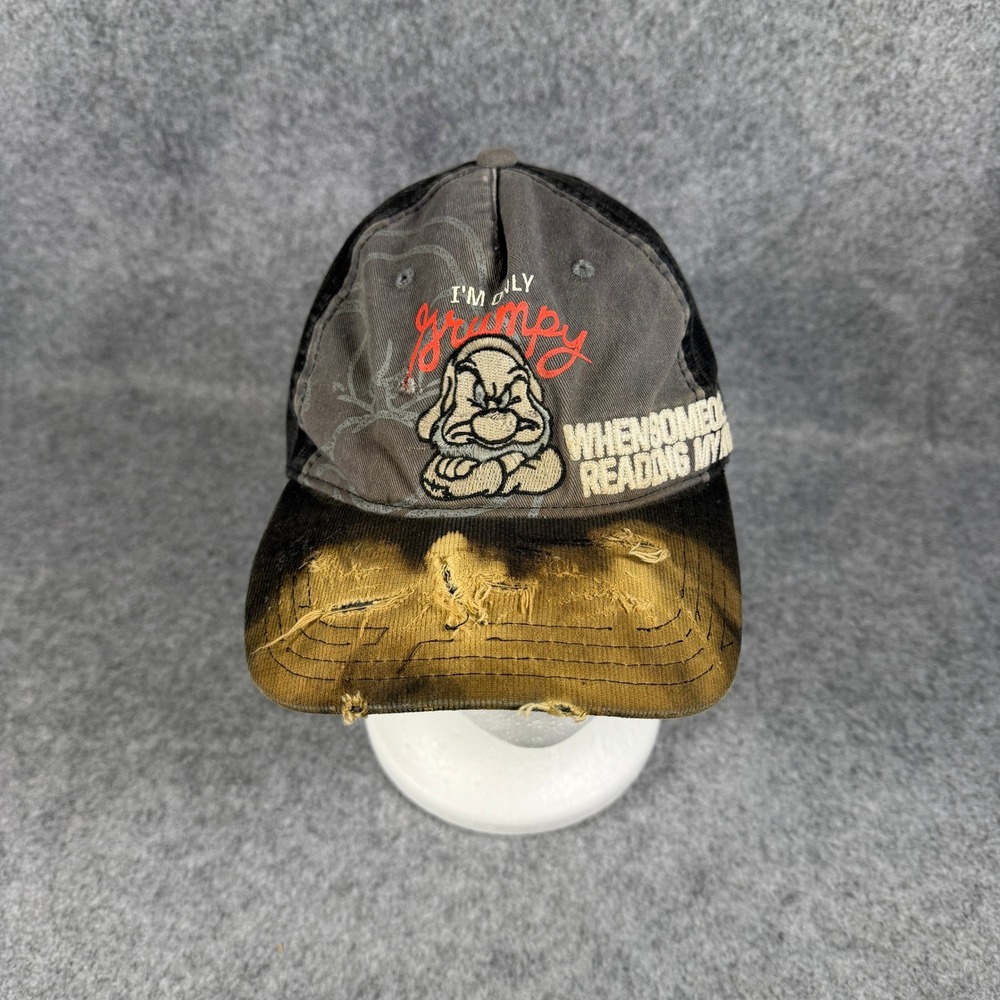 Disney Parks Unisex Grumpy Distressed Baseball Cap Adult Black Gray Embroidered